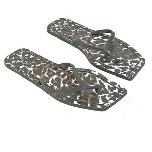 Veronica Beard Analee Square-Toe Leopard Animal Print Flip Flops Black Brown 7M